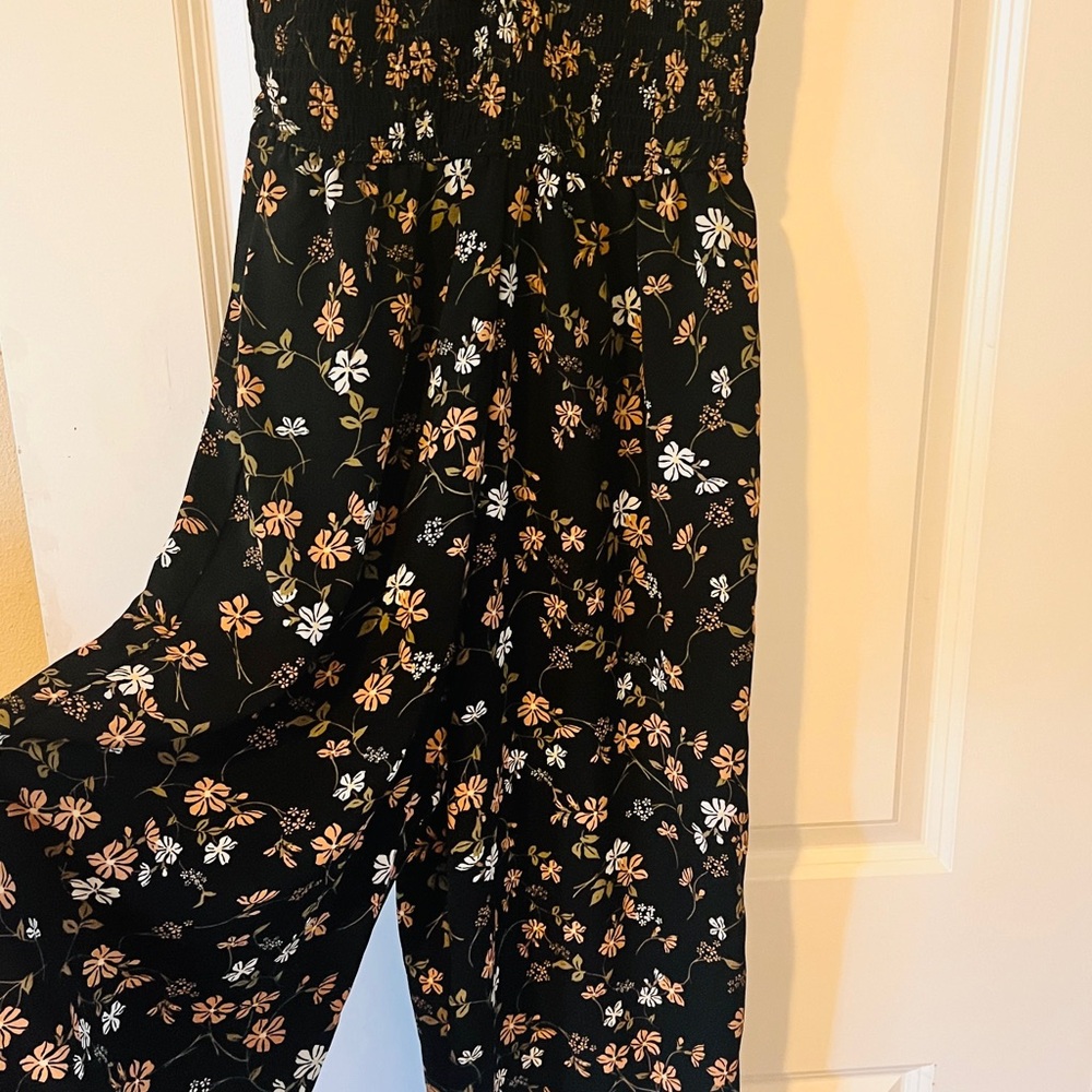 Inspired Hearts Black Smocked Jumpsuit with Peach & White Floral Print